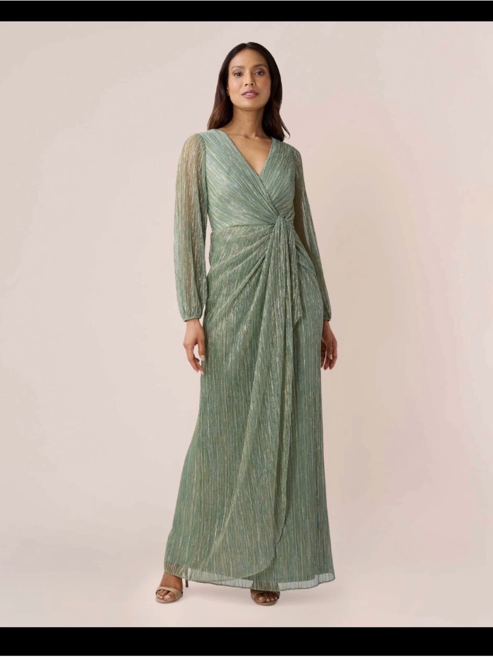 Adrianna Papell Crinkle Green Metallic Formal Gown Evening Size 4 NWT GALA MOB